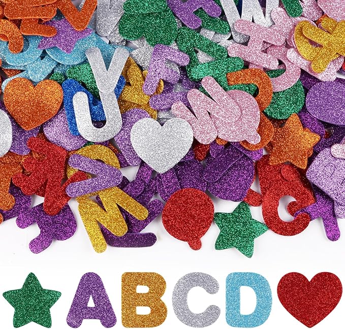 STEFORD 280 PCS Glitter Foam Letter Stickers, 10 Colors A-Z Alphabet Letters Stickers Self Adhesive Letters and Shapes Stickers for Kids DIY Crafts Party Decorations Scrapbooks
