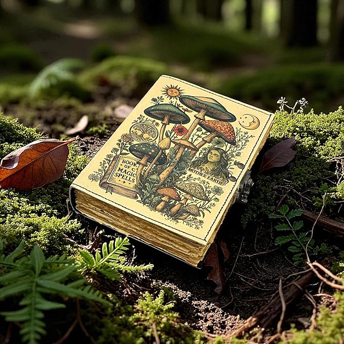 Blank Spell Book of Shadows Magic Spells Leather Journal – Vintage Botanical Mushrooms & Celestial Sun Moon Print Diary