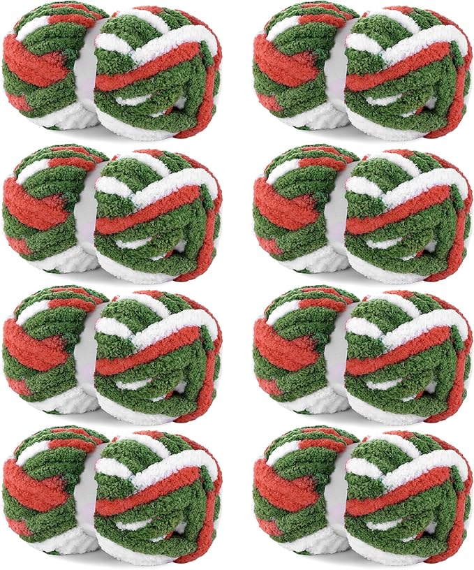 Hombys 8 Pack Giant Chunky Yarn for Crocheting/Hand Knitting - Super Bulky Large Soft Fluffy Tie Dye Plush Fuzzy Mixed Color Thick Chenille Yarn (Red, Green, White)