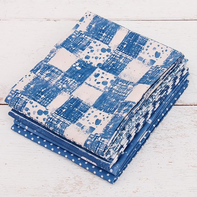 Threadart Exclusive 5 Fat Quarter Bundles - Denim Blue Vintage Prints 100% Cotton Fabric - Premium 100% Cotton Quilting Fabric - No Duplicates - Full Size Fat Quarters 18"x21" - Denim Blue