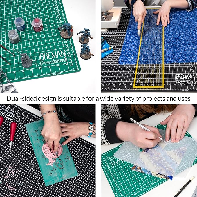 Breman Precision 9x12 Inch Self Healing Cutting Mat – 2-Sided 5-Ply PVC Green/Black Cutting Mats for Crafts, Sewing, Quilting & DIY Projects with Durable Non-Slip Surface & Precise Grid Lines