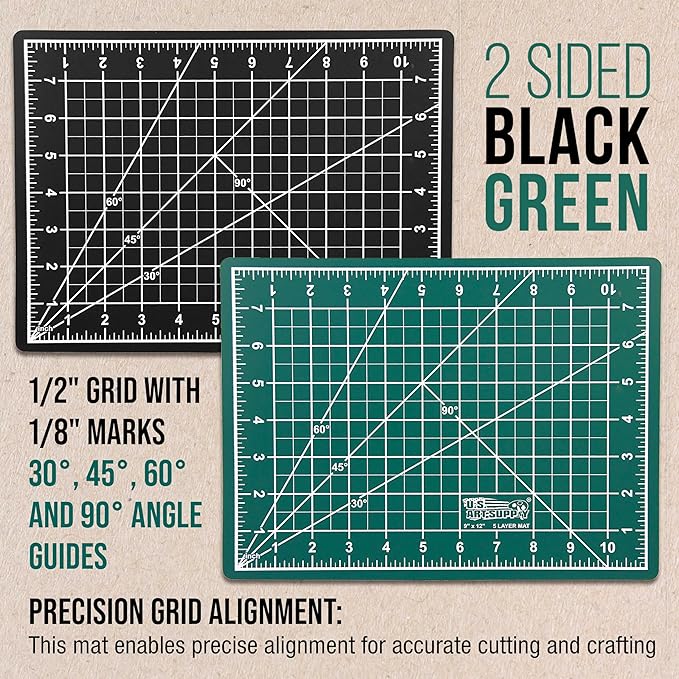 U.S. Art Supply 9" x 12" Self-Healing Cutting Mat 5-Ply (2 Pack) - Double-Sided Green/Black Craft Mat, Non-Slip Cutting Mats for Crafts, Sewing, Quilting, Scrapbooking
