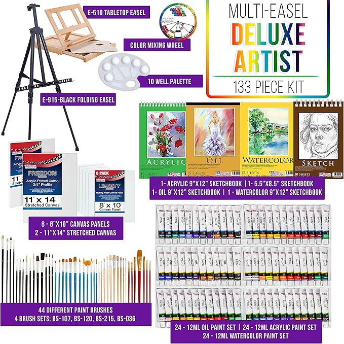 U.S. Art Supply 133-Piece Artist Painting Kit - Aluminum & Wood Easel, 24 Each (Acrylic, Oil, Watercolor Paints), 8 Canvases, 44 Brushes, 4 Paint & Sketch Pads - Painting Kits for Adults, Gift Set