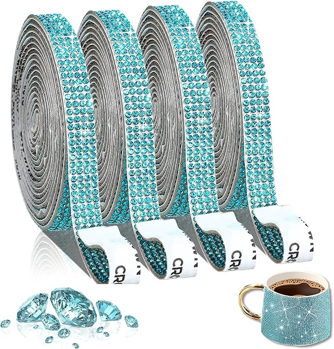 4 Rolls Self Adhesive Crystal Rhinestone Ribbon Diamond Bling Tape with 2 mm Rhinestones Strips Sticker for Arts Crafts Wedding Birthday Party DIY Event Car Phone Decoration (Blue)