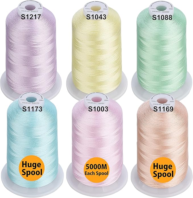 Simthread - 33 Selections - Various Assorted Color Packs of Polyester Embroidery Machine Thread Huge Spool 5500Y for All Sewing Embroidery Machines - 6xPastel Colors 2