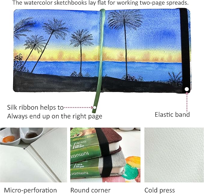 tumuarta Square Watercolor Journal, 8.25x8.25”, 140 LB, 300 GSM, Cotton Paper, Cold Press, 24 Sheets, 48 Pages, Watercolor Paper Sketchbooks for Use As Travel Mixed Media Pads On The Go (Blue)