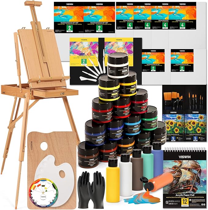 VISWIN Acrylic Paint Set with French Easel, Professional Painting Kit with Acrylic, Pouring Paints, Brushes, Canvas, Art Supplies, Art Set for Adults, Artists, Beginners