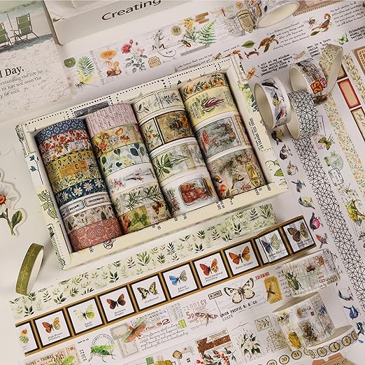 Vintage Washi Tape Set - 24 Rolls Arts Adhesive Tapes Assorted Retro Decorative Masking Tape Sets for Craft, Kids, Scrapbook, DIY, Gift Wrapping (4-Nature Journal)