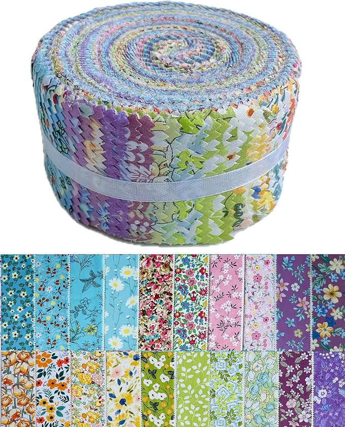 LUMANSUO Jelly Roll Fabric - 20 Assorted Floral Prints, 100% Cotton, 40 Pre-Cut Strips (2.5 x 44 Inch) Fabric for Quilting and Sewing， Colorful