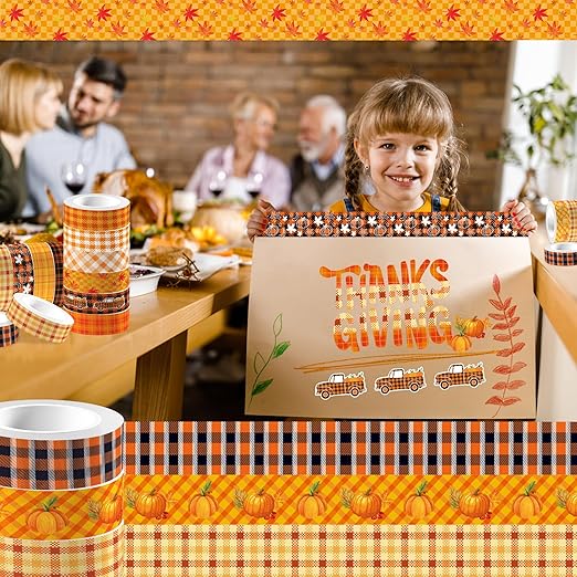 12 Rolls Fall Plaids Washi Tape, Autumn Maple Leaves Pumpkin Masking Washi Tape 15mm, Thanksgiving Harvest Decorative Tape Sticker for Scrapbook, Journal, DIY Craft, Gift Wrapping