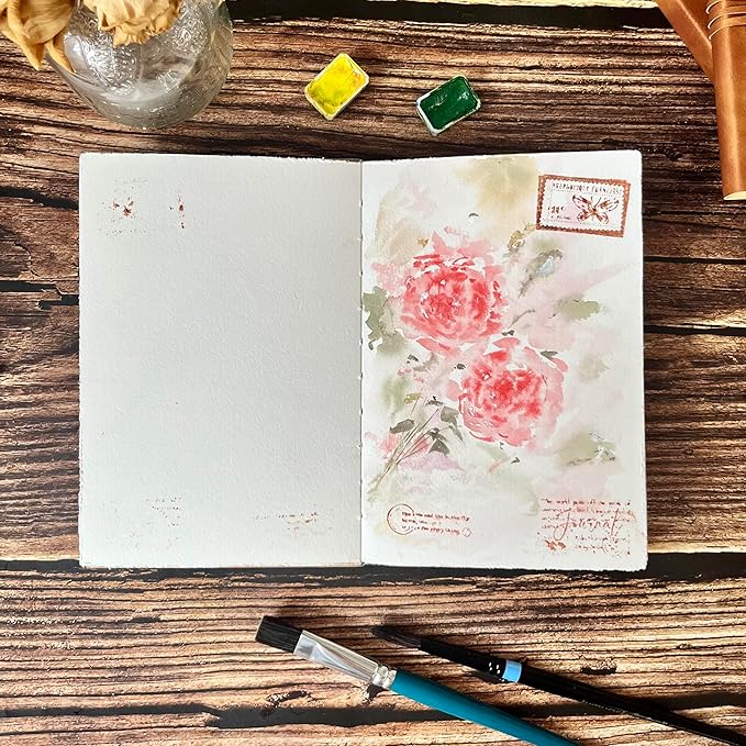 tumuarta Deckle Edge Watercolor Paper Square Sketchbook, 100% Cotton Vintage Leather Journal, 140 Lb, 300 GSM, 24 Sheets Handmade Diary for Mixed Media Techniques. (Brown, 6"x6")