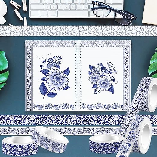 12 Pcs Blue and White Porcelain Washi Tape Set Chinoiserie Patterned Masking Tape Porcelain Pattern Decorative Paper Sticker for Scrapbook DIY Craft Gift Wrapping Handbook Sticker