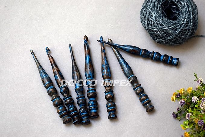 Handmade Ergonomic Wooden Crochet Hooks for Arthritic Hands (Set of 7) Needles for Yarn Accessories | Size 4 mm to 10 mm with Engraved | Yarn Tool (Blue)