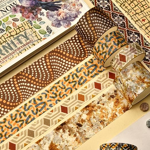 8 Rolls Retro Washi Tape Set Vintage Arts Adhesive Tapes Wide Painting Patterned Decorative Masking Tape Sets for Craft, Kids, Scrapbook, DIY, Gift Wrapping (Geometric Aesthetics)