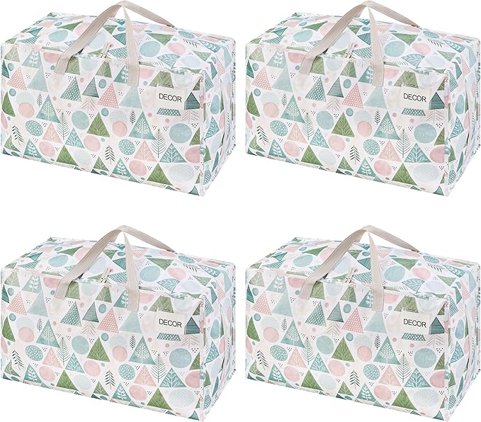 VENO 4 Pack Moving Bags and Large Christmas Decoration Storage Bins with lids. Alternative to Moving Boxes, Packing Supplies for College. Heavy Duty Totes (Pastel Forest, 4 Pack)
