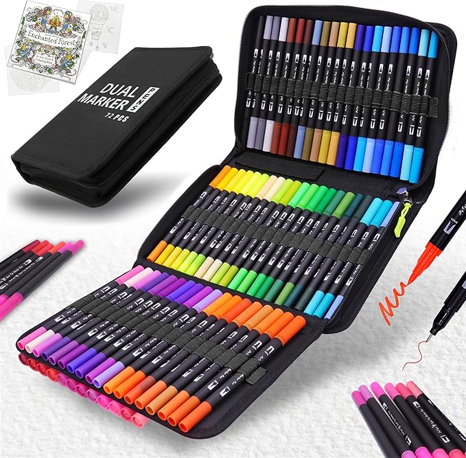 Double Tip Brush Pens Art Markers (72 Colors) - Fine Tip Acrylic Coloring Markers for Painting, Highlighting, and Card Making; Ideal for Adults, DIY Enthusiasts, and Craft Lovers