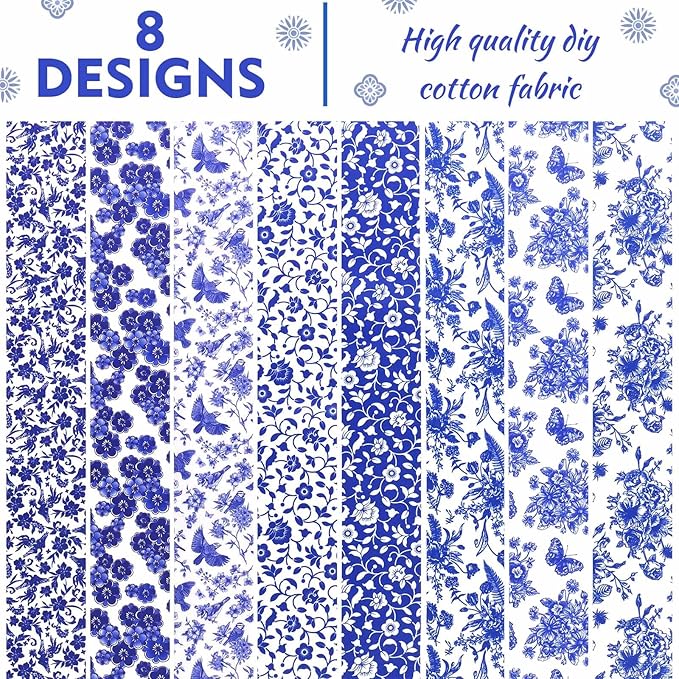40 Pcs Chinoiserie Cotton Jelly Fabric Strips Blue and White Porcelain Patchwork Strips Roll for Quilting Crafting Blue White Floral Bird Precut Patchwork for Sewing DIY Crafts