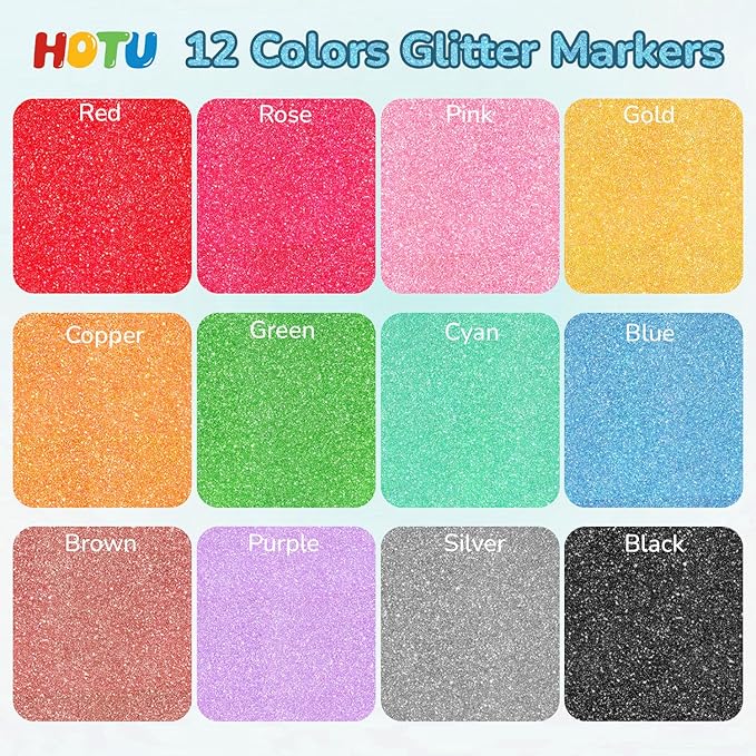 Glitter Markers Pen, 12 Glitter Colors Paint Pens Sparkly Metallic Shimmer Acrylic Marker Fine Point Tip 0.7mm Water-based Ink for Adults DIY Crafts Greeting Birthday Cards