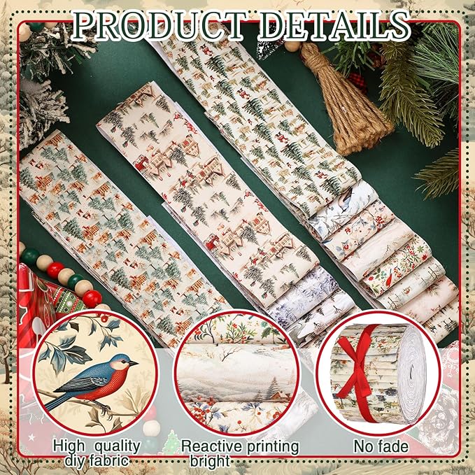 40 Pcs Woodland Christmas Quilting Fabric Roll 2.56 Inch Precut Fabric Squares Jelly Patchwork Santa Red Cardinal Strips Materials for Winter Xmas Holiday Craft Sewing Panels DIY
