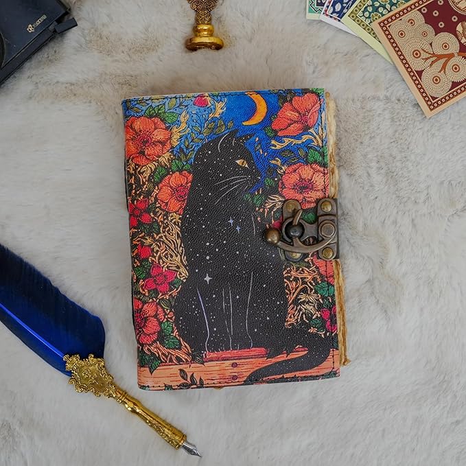 Blank Spell Book of Shadows Grimoire Journal Magic Cat Printed Witchcraft Supplies Witch Wiccan Notebook Handmade Vintage Deckle Paper Leather Sketchbook, Great Gifts 7x5 inches