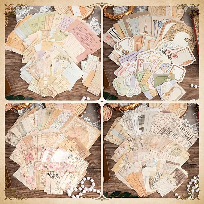 400Pcs Scrapbook Supplies Kit,4 Pack Vintage Decorative Paper Scrapbooking Supplies for Bullet Journal, Junk Journal, Planner, Collage Card Making，Retro Crafts，Aesthetic DIY Craft Embellishments