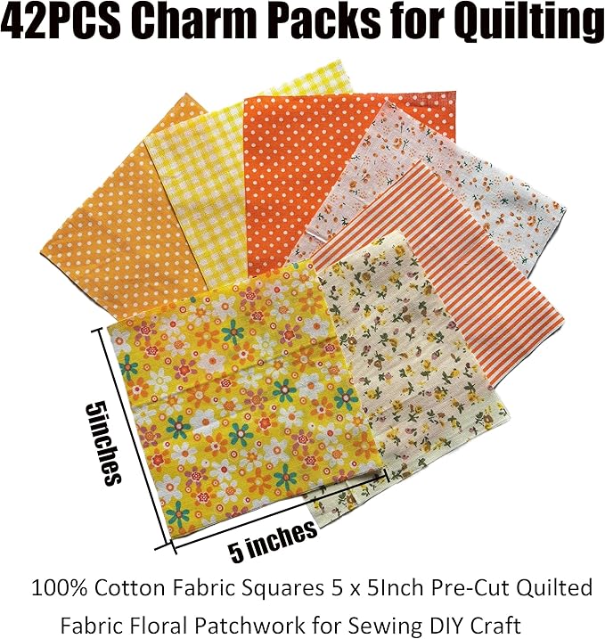 42 Piece Cotton Quilting Fabric Squares, 5x5 Inch Pre-Cut Floral Patchwork Bundle in Red, Pink, Yellow, Green, Blue, Purple for DIY Sewing, Scrapbooking, Craft Projects