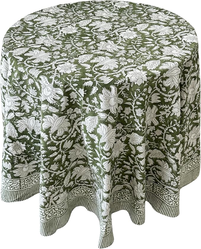ATOSII Noori Green 100% Cotton Round Tablecloth, Handblock Print Floral Table Cloth for Kitchen Dining Linen I Parties, Weddings, Outdoors I Summer Home Decor 90" Inches Round