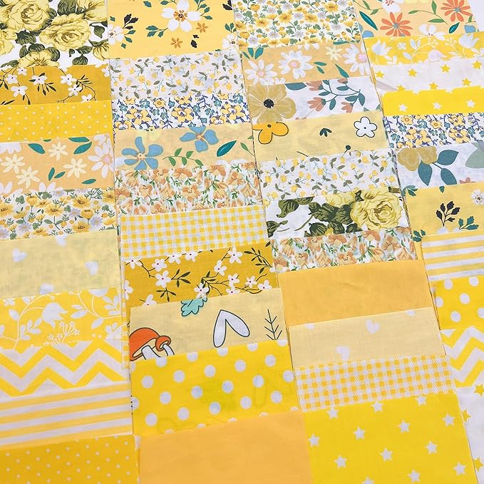 42Pcs 9.8" x 9.8"(25 * 25CM) Cotton Fabric DIY Making Supplies Quilting Patchwork Fabric Fat Quarter Bundles DIY for Quilting Cotton Patchwork Cushions (Yellow, 9.8" x 9.8")