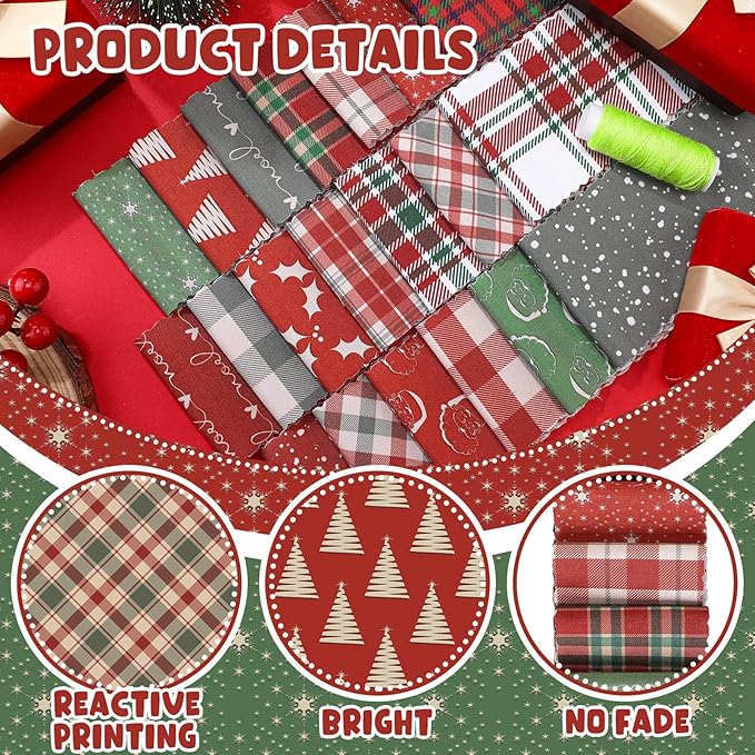 40 Pcs Vintage Plaid Christmas Quilting Fabric Roll 2.56 Inch Precut Fabric Squares Jelly Patchwork Red and Green Checked Strips Materials for Winter Xmas Holiday Craft Sewing Panels DIY
