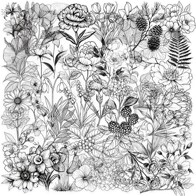 50Pcs Black and White Flower Stickers Pack, Aesthetic Plant Stickers for Laptop Journal Scrapbooking Wall Luggage Water Bottle Skateboard Planner, Waterproof Transparent PET Decals