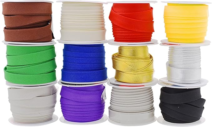 Mandala Crafts 60 Yards 1/2 Inch 12 Assorted Colors Double Fold Bias Tape for Sewing - Bias Binding Tape for Quilting Binding, Hemming, Seam, and Fabric Piping