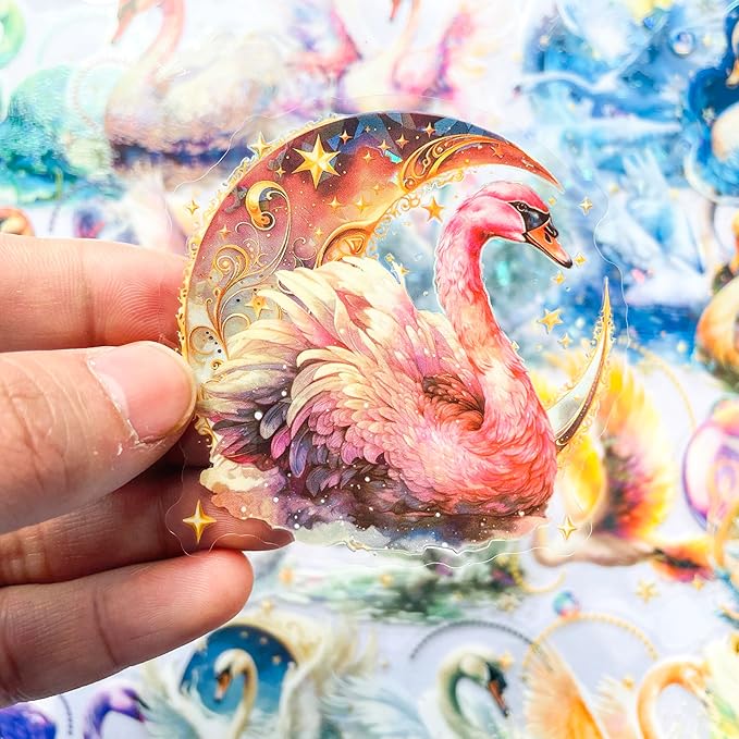 Yoksas Holographic Shiny Fantasy Starry Swan Stickers - 60Pcs Waterproof Clear Glitter Aesthetic Scrapbook Stickers for Junk Journals,Planner,Resin Art Supplies