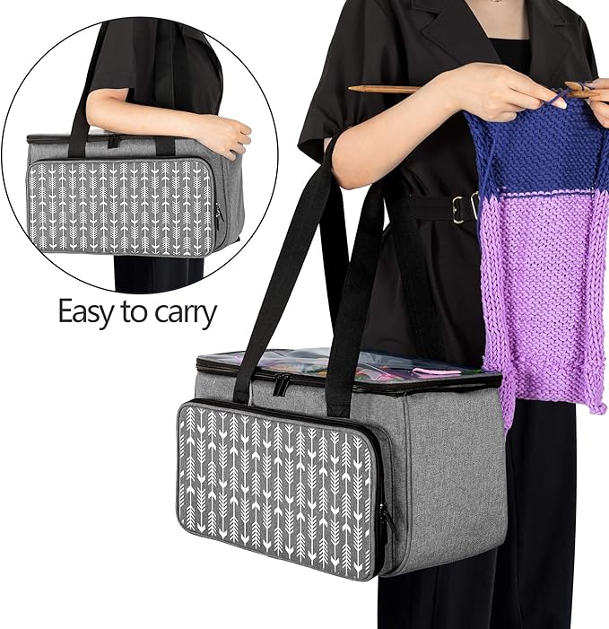 Yarwo Knitting Yarn Bag, Crochet Tote with Pocket for WIP projects, Knitting Needles(Up to 14”) and Skeins of Yarn, Gray with Arrow (Bag Only)