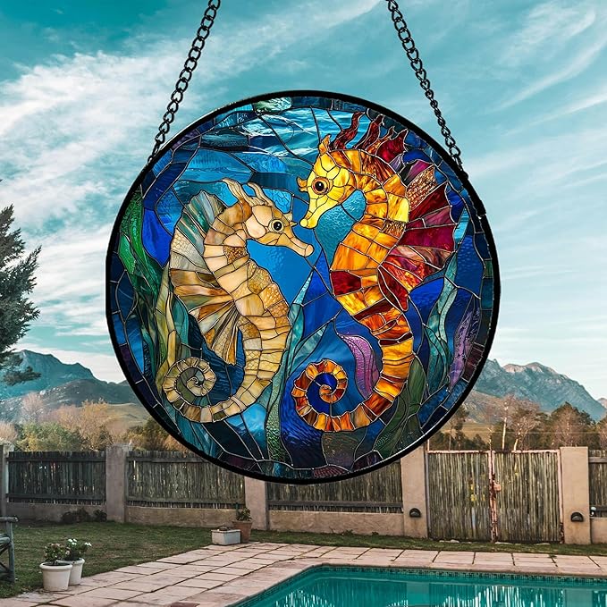 Stained Glass Window Hanging - Blue Ocean Orange Seahorse Suncatcher for Door Terrace Garden Home Decor, Marine Life Sun Catcher Birthday Gifts for Lovers Women Men Dad Mom Nana 9.8 in