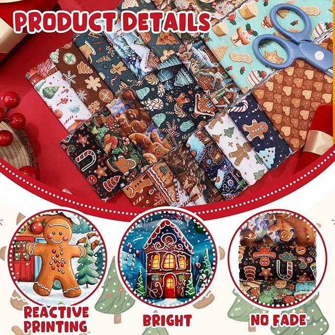 40 Pcs Christmas Gingerbread Man Quilting Fabric Roll 2.56 Inch Precut Fabric Squares Jelly Patchwork Candy Canes Strips Materials for Winter Xmas Holiday Craft Sewing Panels DIY