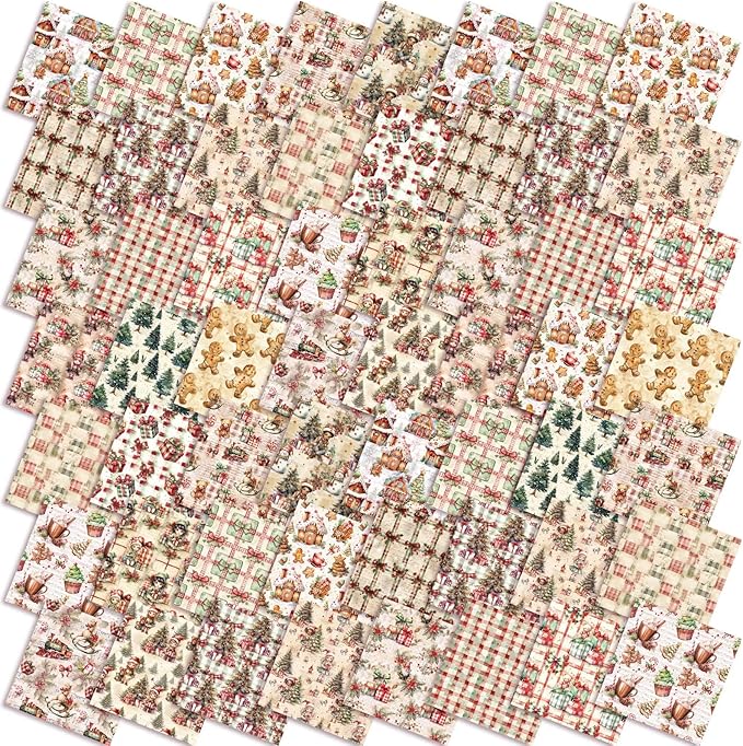 Oudain 60 Pcs 10 x 10 Inch Vintage Christmas Quilting Fabric Squares Christmas Gingerbread Man Fat Patchwork Precut Strips Gift Boxes Fabric Bundles for Xmas DIY Craft Sewing Handmade Materials