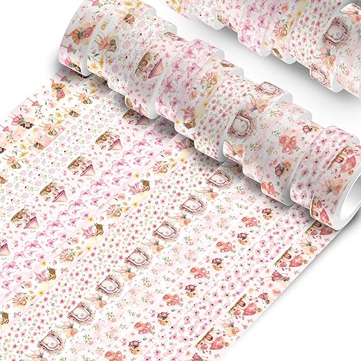 12 Rolls of Pink Fairy Washi Tape, Cute Elf Butterfly Mushroom Decorative Washi Masking Tape Paper Stickers for Journals, Planners, Scrapbooking, Party Decorative Tape, Crafts DIY
