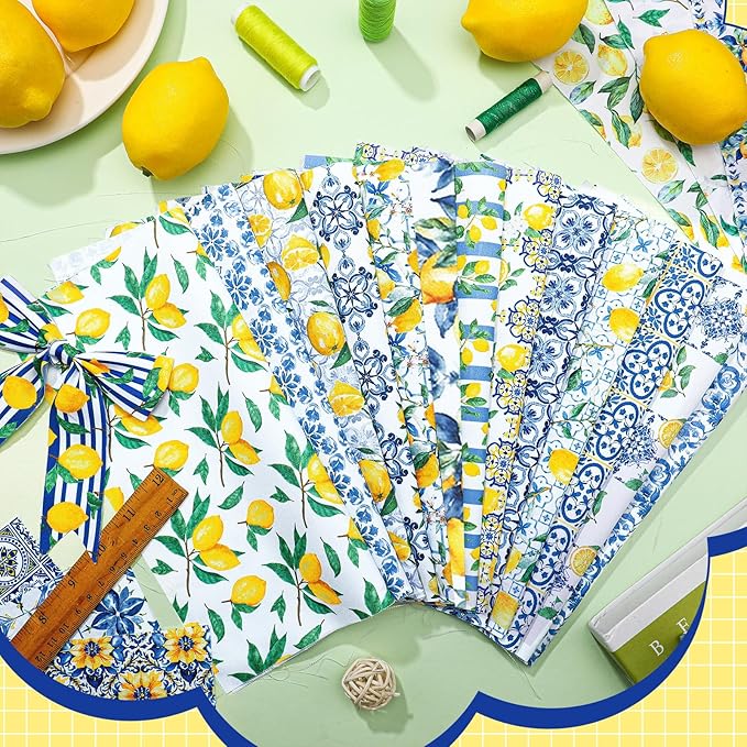 Hahafelt 10 Pcs Lemon Quilting Fabric Square 18 x 22 Inch Chinoiserie Quilted Fabric Bundle Blue White Yellow Lemon Printed Floral Precuts Patchwork Supplies for Summer DIY Sewing Crafts