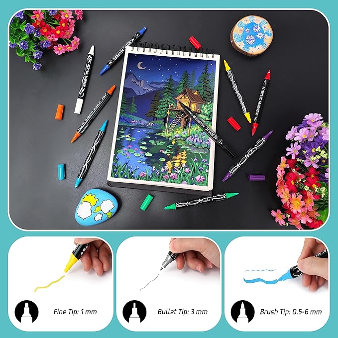 36 Colors Dual Tip Acrylic Paint Pens, Eco Friendly Non Toxic Non Odor Acrylic Paint Markers for Rock Painting, Fabric, Wood, Glass, Christmas Gifts for Teens - Grandkids DIY Art Supplies