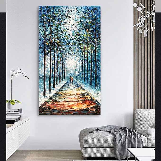 Art Hand-Painted Landscape Oil Painting Contemporary Abstract Vertical Blue Texture Oil Painting Living Room Bedroom Wall Decoration 48x24 inche