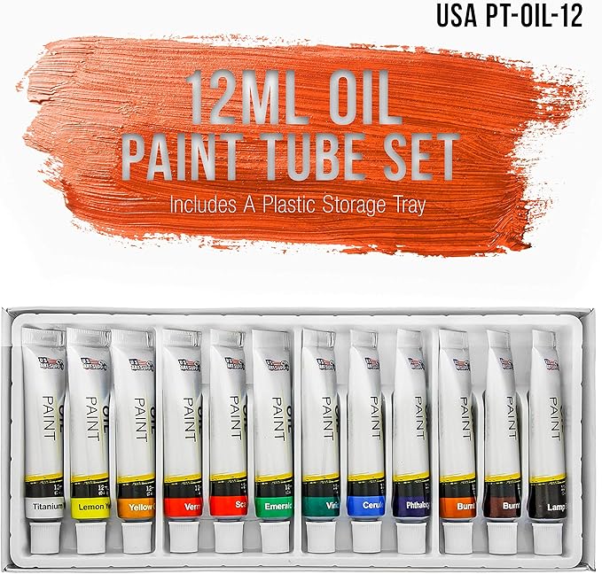 U.S. Art Supply Professional Oil Paint Set - 12 Vibrant Colors in 12ml Tubes for Canvas, Wood & Art Surfaces - Oil Based Paint for Artists, Adults & Students