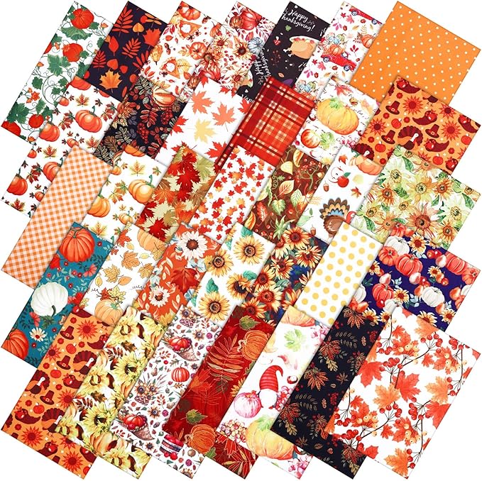 Tudomro 70 Pcs 10 x 10 Inch Fall Quilting Fabric Squares Pumpkin Maple Leaf Fabric Bundles Turkey Sunflower Printed Precut Patchwork Materials for Thanksgiving Harvest DIY Crafts Cloths Handmade