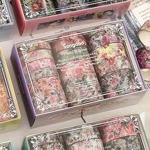 Floral Washi Tape Set - 15 Rolls Flowers Arts Adhesive Tapes Garden Blooms Decorative Masking Tape Sets for Craft, Kids, Scrapbook, DIY, Gift Wrloapping (6-Vintage Floral)