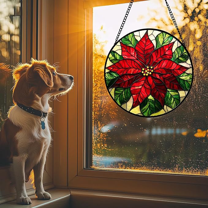 Stained Glass Window Hanging - Poinsettia Suncatcher for Door Garden Home Decor Birth Flower Sun Catcher Birthday Mother's Day for Lovers Friend Women Mom Nana 7.8 in