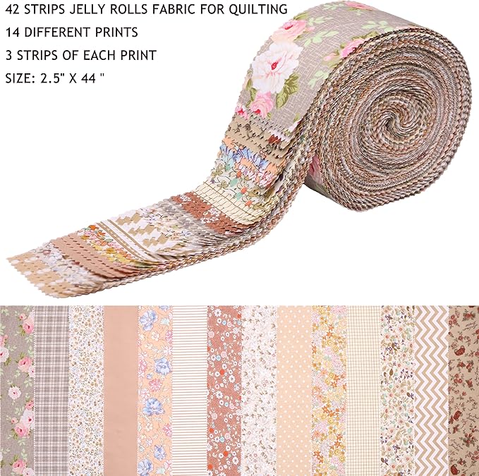 Hanjunzhao Jelly Roll Fabric Strips for Quilting, Crafting, and Sewing, 42 Strip Jelly Rolls Fabric Clearance, Soft Cotton for Blanket, Rug, Upholstery, Home Decor, and Purse Making, Light Coffee