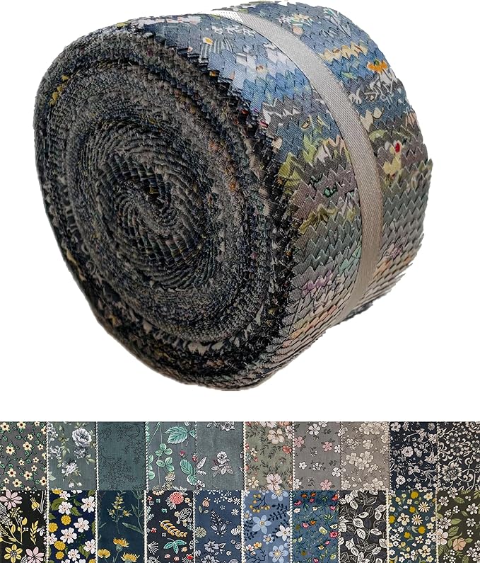 LUMANSUO Jelly Roll Fabric - 20 Assorted Floral Prints, 100% Cotton, 40 Pre-Cut Strips (2.5 x 44 Inch) Fabric for Quilting and Sewing， Grey Area
