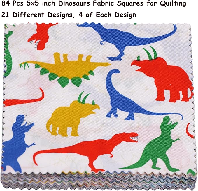 Hanjunzhao 84Pcs Dinosaur Print Cotton Fabric Squares 5x5, Charm Packs for Quilting 5 inch Squares for Quilting, Patchwork Baby Boy Blanket & Quilts, Home Decor, and DIY Crafts, Cartoon Dinosaurs