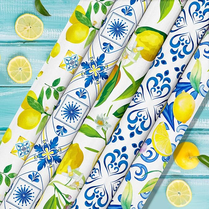 24 Sheets Lemon Scrapbook Paper Pad Double-Sided Blue Tiles Yellow Lemon Patterned Decorative Craft Paper for Card Making Photo Album Journal DIY Craft, 11.8'' x 11.8''