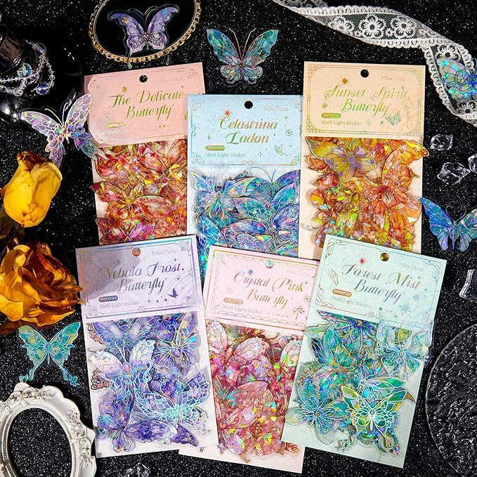 Yoksas 120Pcs Holographic Crystal Shiny Butterfly Stickers - Waterproof Glitter Butterfly Stickers for Scrapbooking,Junk Journals,Resin Art Supplies