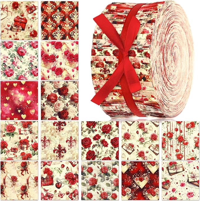 Ganeen 100 Pcs Vintage Valentine Red Rose Quilting Fabric Roll 2. 56 Inch Fabric Squares Jelly Patchwork Precut Strips Bundles for Holiday Materials Craft DIY Sewing Cloths